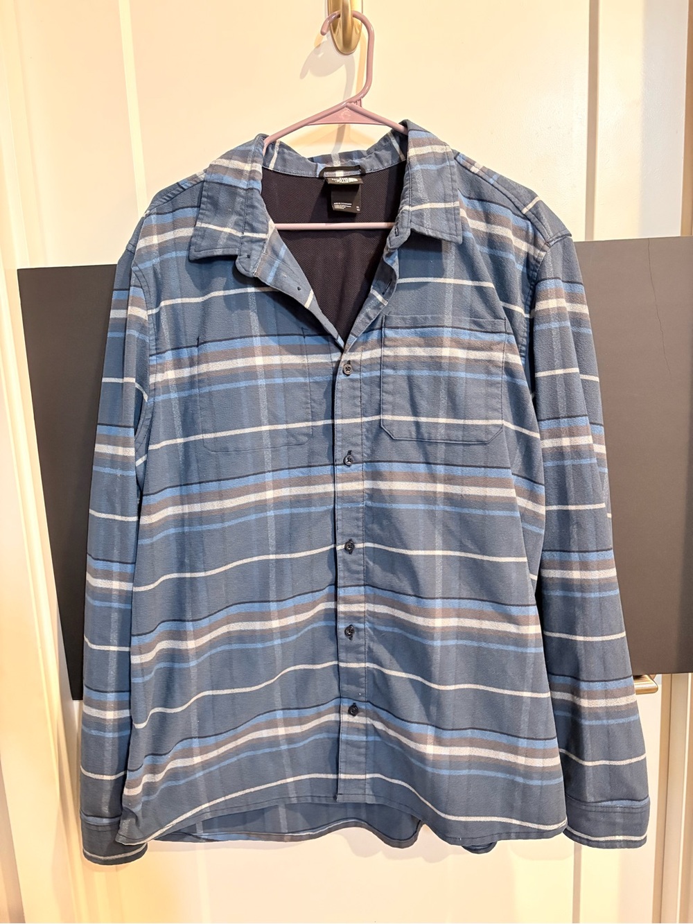 Men's Blue North Face Striped Button-Up Shirt